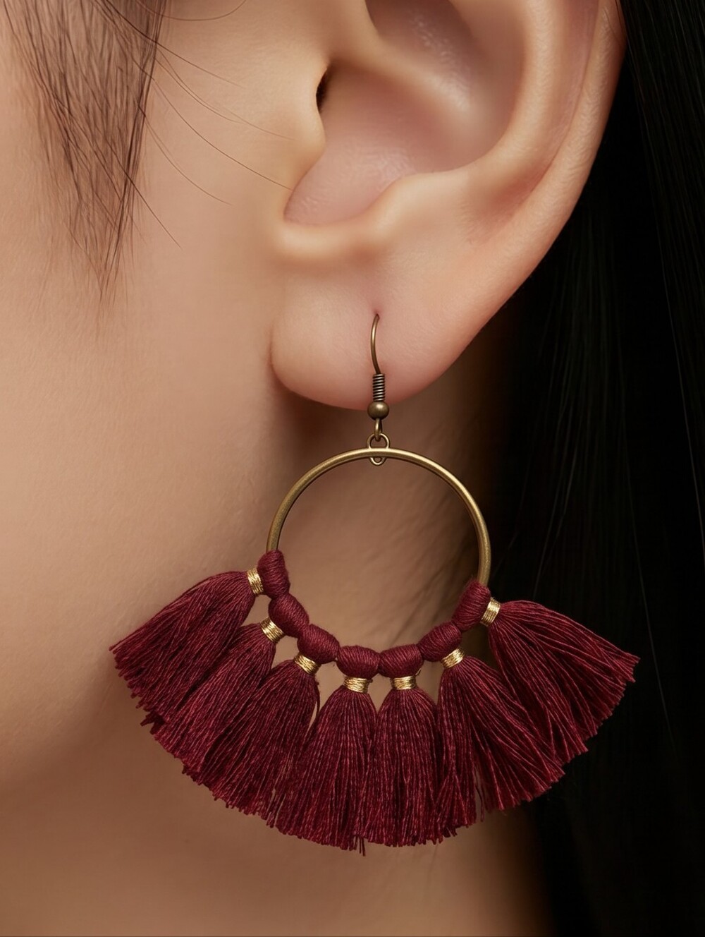 Burgundy Fringe Hoop Earrings Boho Festival Statement Dangle Jewelry Winery Chic